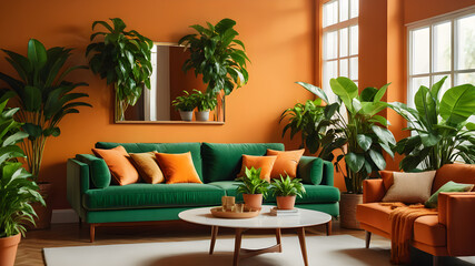 Fototapeta premium Interior of orange living room with green houseplants and sofas, Generative AI