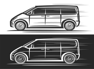 Obraz premium Vector logo for Minivan, automotive decorative banners with simple contour illustration of line art monochrome multi-purpose vehicle in moving, elegant minivan concept on black and white background
