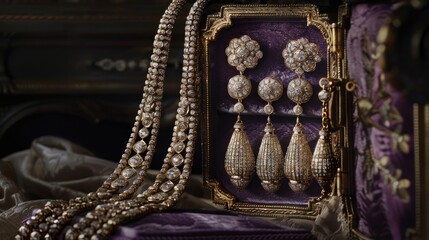 a pair of diamond earrings dangling from delicate chains, nestled within a luxurious velvet box, evoking feelings of opulence and sophistication.