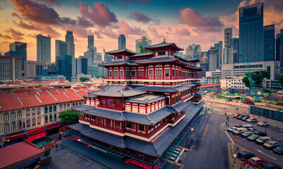 Buddha Tooth Relic Temple at sunrise in China town, Singapore.