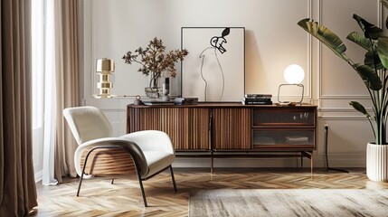 Stylish living space featuring a chic armchair and elegant wooden cabinet minimalist decor warm tones cozy and inviting