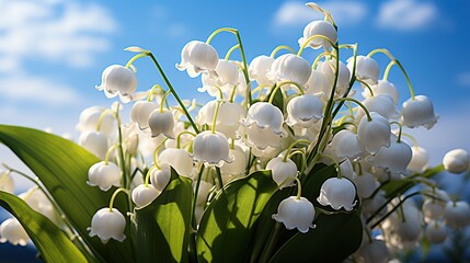 Lily of the valley Convallaria flowers with blue sky