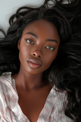 Naklejka premium Close up portrait of a young African American woman with long, flowing black hair and flawless skin. emphasizing her natural beauty. themes of, fashion, and black history month.