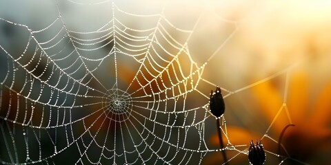 Dewdrops glisten on spider webs in the early morning light. Concept Nature, Photography, Morning, Dewdrops, Spider Webs