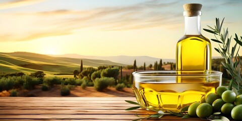 Product display on old wooden table with bokeh background of green olive field. Concept Product Display, Wooden Table, Bokeh Background, Green Olive Field