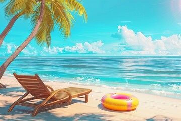 Sunny Seaside Retreat: sun loungers under palm tree on beautiful coastal beach.