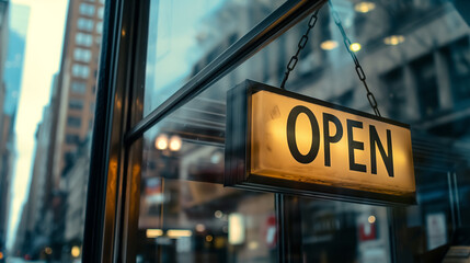Open sign hangs in the window of a storefront, inviting customers into the shop, set against an urban city street backdrop.