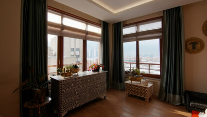 Automatically opening curtains of a modern bedroom. Creative. Meeting new day at cozy home.