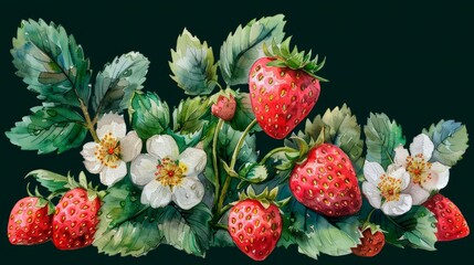 Strawberry berries with strawberry flower and leaves. Watercolor vintage old botanical illustration isolated on transparent background. Retro style. Pastel tones. AI Generated