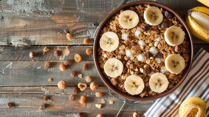 Photo of a healthy breakfast bowl with banana slices, granola, and mixed nuts in a glass bowl on a rustic wooden table. Nutritious and wholesome morning meal. - Powered by Adobe