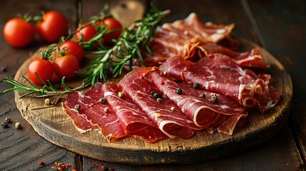 Obraz premium Slices of prosciutto di parma or jamon serrano (iberico) on a dark cutting board.