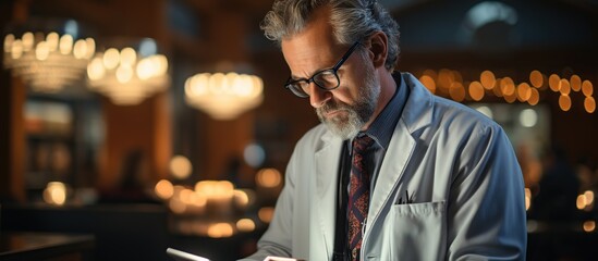 Doctor checking patient's disease list using digital tablet chemical drugs