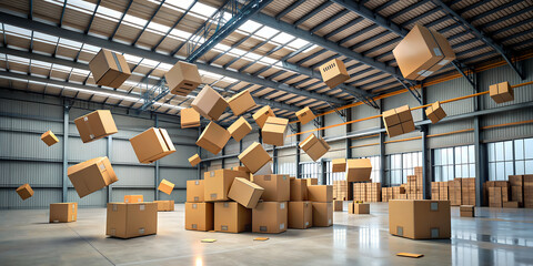 Cardboard boxes fly through the air at a postal warehouse. Shelves with boxes in a postal warehouse. Parcel storage place.