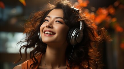 young girl listening to headphones or earphones in an open space