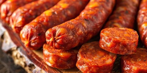 Fototapeta premium Chorizo sausage background full frame banner.