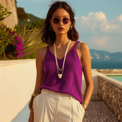 a woman stands near the ocean wearing sunglasses and a purple tank