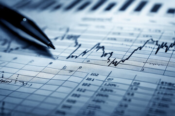 a close-up of a pen resting on financial documents with graphs and numerical data