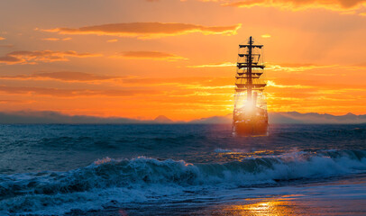 Sailing old ship in storm sea heavy sunset clouds in the background