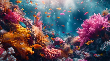 Vibrant Underwater Seascape with Colorful Coral Reefs and Tropical Fish in Ocean Waters