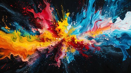 A painting of a colorful explosion with red, yellow, and blue splatters