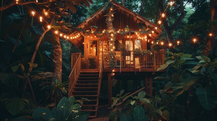 Photo of a cozy wooden treehouse in a lush forest, adorned with warm string lights at dusk, creating a magical atmosphere.