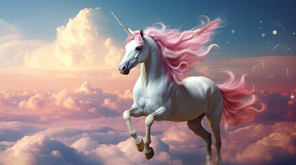 Obraz na płótnie Canvas Unicorn riding in sky on clouds