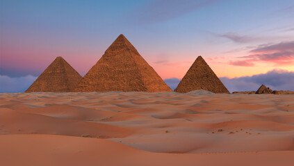 Giza Pyramid Complex at amazing sunset sky - Cairo, Egypt