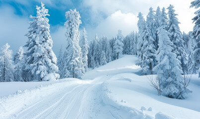 Serene Snow Covered Pine Trees on Winter Hill Under Clear Sky in Daytime, Pristine Winter Landscape for Nature and Relaxation Concepts