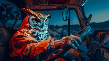 Burrowing Owl Embraces the Night as a Truck Driver on a Deserted Desert Road