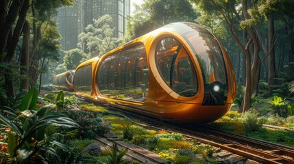 A futuristic solar-powered transportation system in a bustling city
