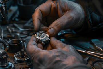 watchmaker's hands fixing the mechanism of a watch in a watch repair shop