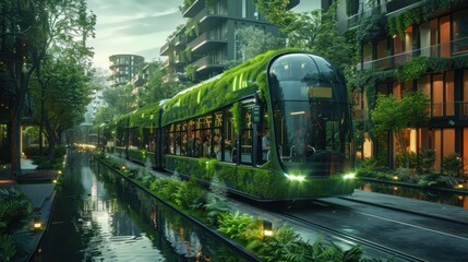 High-tech solar buses moving through a clean green city