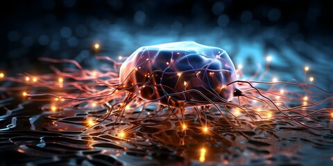 AI concept linking human brain to neural networks circuits computer chips for machine learning. Concept AI, Neural Networks, Brain-Computer Interface, Machine Learning, Future Technology