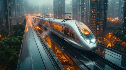 Solar-powered bullet trains speeding through a futuristic cityscape