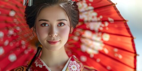 Portrait of a Japanese Woman in Traditional Kimono and Red Umbrella