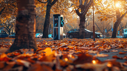 An electric charging station surrounded by vibrant autumn leaves in a public park, emphasizing sustainability and eco-friendly transportation