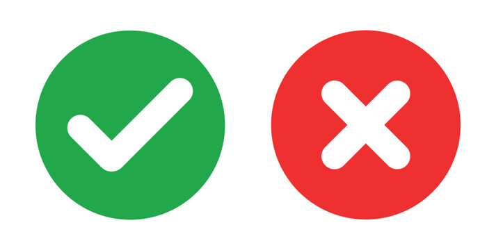Sharp green checkmark and red cross on isolated white background vector symbol for right and wrong choices. Modern flat design, Checkmark icon set. Checkmark right symbol tick sign