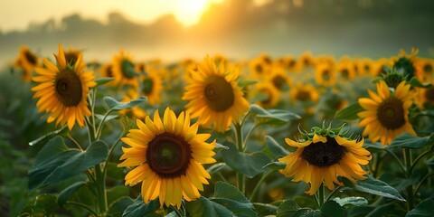 A sunflower field awakens at sunrise in a scenic view as the golden blossoms turn their faces towards the emerging rays of the morning sun. Concept Nature, Sunflower Field, Sunrise, Scenic View