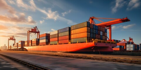 Cargo ship at dock loading containers for logistics and freight transportation. Concept Logistics and transportation, Cargo shipping, Freight industry, Dock operations, Container loading