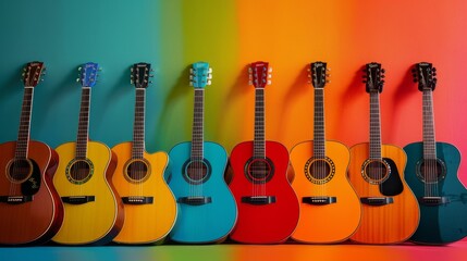 Fototapeta premium Colorful acoustic guitar on vibrant background, music, hobby, electronic music festival, music festival, summer party, party, vocal, art, artistic, 4k HD wallpaper, background, generated by AI.