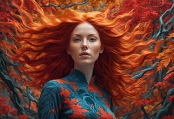 Fantasy image of a red-haired girl in fall foliage