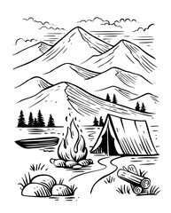 Camping Vacation On Lake Drawing.