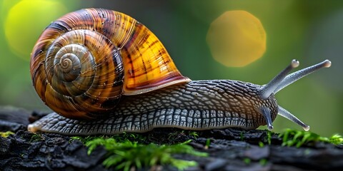 Snail photographed up close on a mossy log. Concept Nature Photography, Macro Shots, Wildlife Portraits, Close-up Focus, Mossy Environments - Powered by Adobe