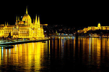 Parliament building in bright night illumination, Budapest, Hungary