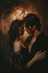 A dramatic portrait of a couple in a passionate embrace, dark background.Cover of a book about love, a romance novel.