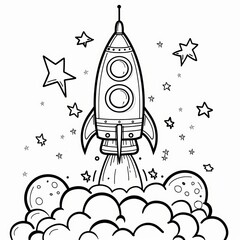 Coloring book page for kids of a rocket launching into space surrounded by stars and moons in space-themed.