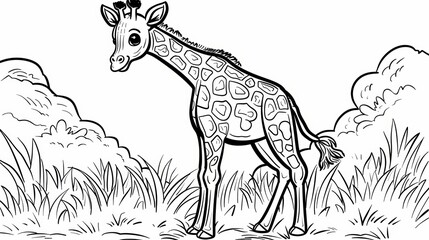 Fototapeta premium Cute cartoon giraffe coloring page for kids. Black and white illustration of a young giraffe in a grassy field for children's activities.