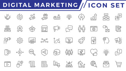 Digital marketing icons set. Content, search, marketing, ecommerce, seo, electronic devices, internet, analysis, social and more line icon.