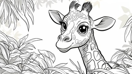 Cute cartoon giraffe in a jungle surrounded by leaves, black and white illustration, perfect for coloring book page for kids.
