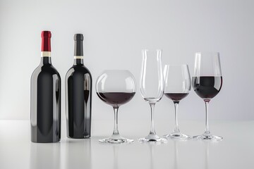 Realistic photograph of a complete Wine glasses and bottles,solid stark white background, focused lighting